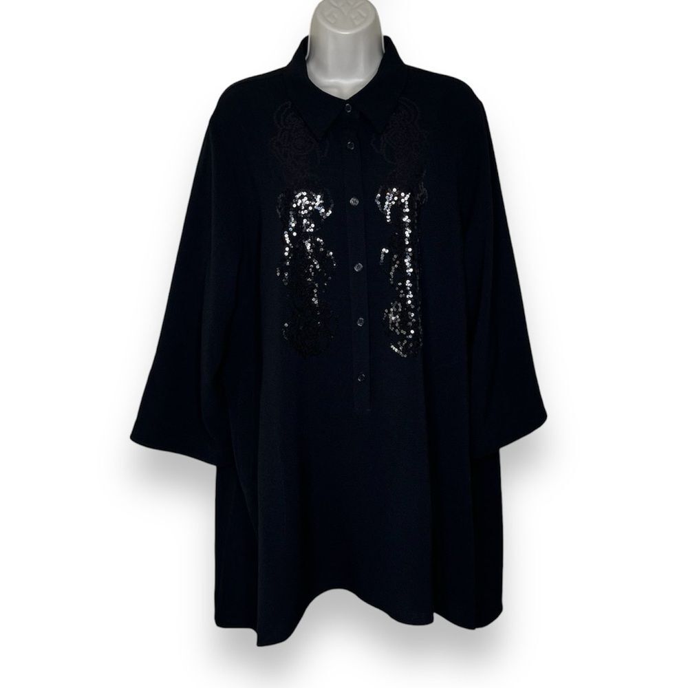 NWOT Linea by Louis Dell'Olio Sequin Front Black Popover Tunic Women XL Pockets